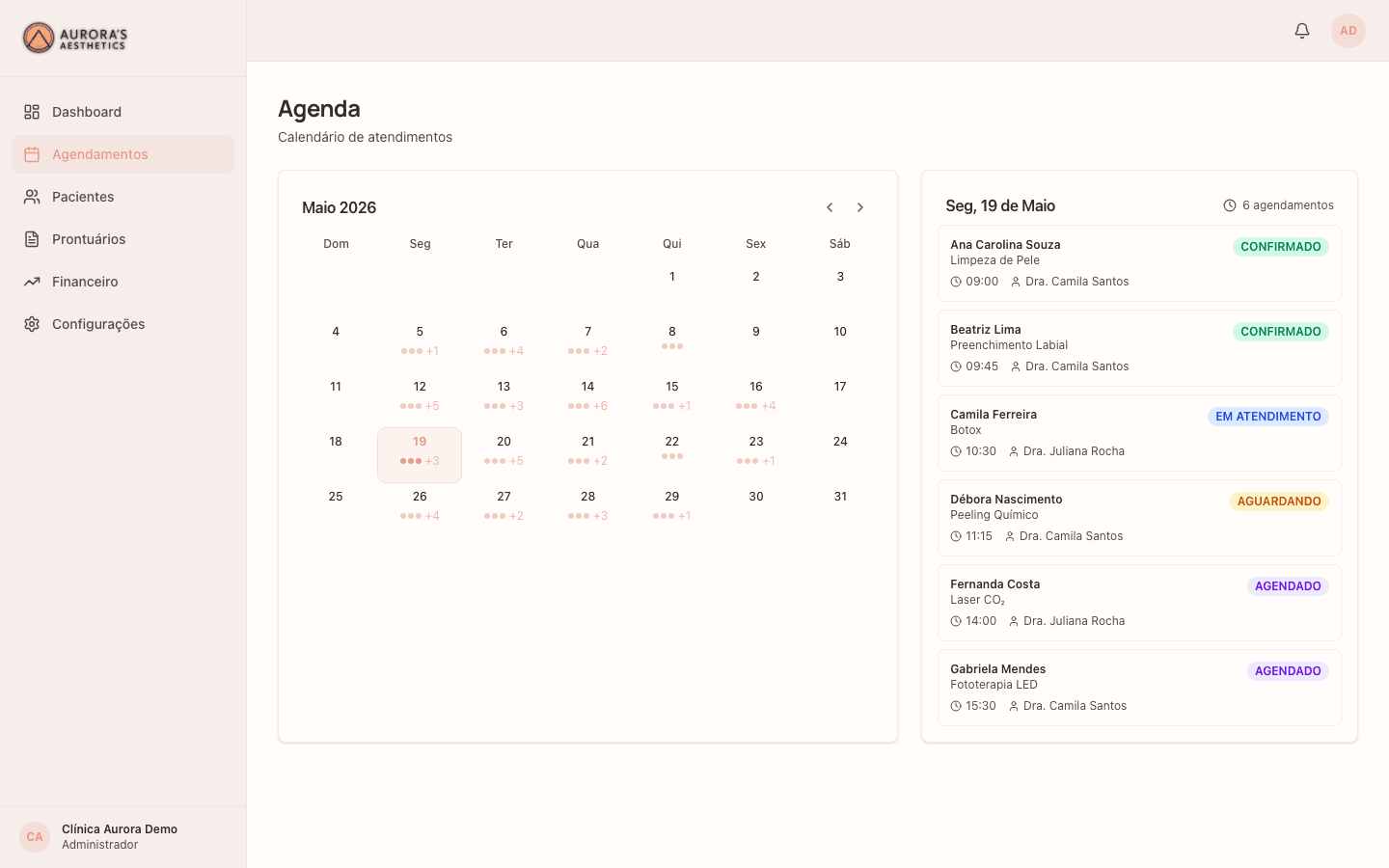 Agenda Inteligente — tela real do Aurora